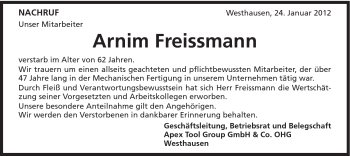 Traueranzeige von Arnim Freissmann von Schwäbische Post