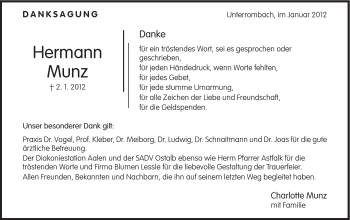 Traueranzeige von Munz Hermann von Schwäbische Post