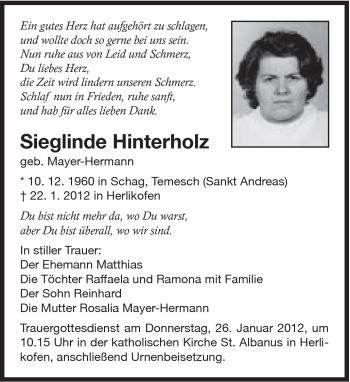 Traueranzeige von Sieglinde Hinterholz von Gmünder Tagespost