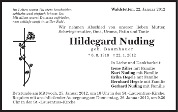 Traueranzeige von Hildegard Nuding von Gmünder Tagespost