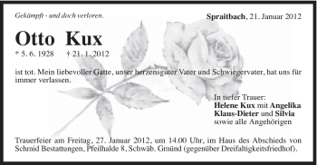Traueranzeige von Otto Kux von Gmünder Tagespost