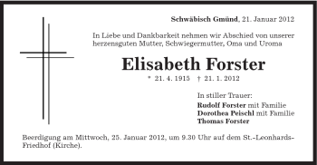 Traueranzeige von Elisabeth Forster von Gmünder Tagespost