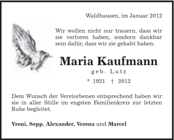 Traueranzeige von Maria Kaufmann von Schwäbische Post