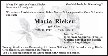 Traueranzeige von Maria Rieker von Gmünder Tagespost