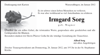 Traueranzeige von Irmgard Sorg von Schwäbische Post
