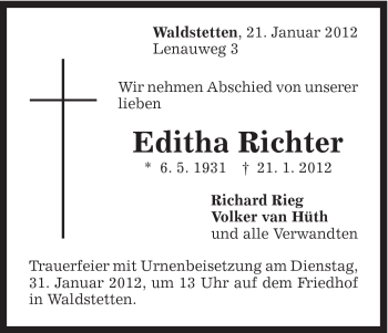 Traueranzeige von Editha Richter von Gmünder Tagespost