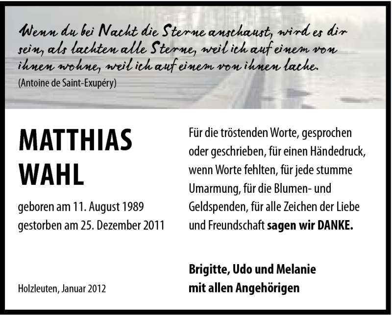  Traueranzeige für Matthias Wahl vom 25.01.2012 aus 020