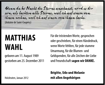 Traueranzeige von Matthias Wahl von 020