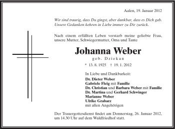 Traueranzeige von Johanna Weber von Schwäbische Post