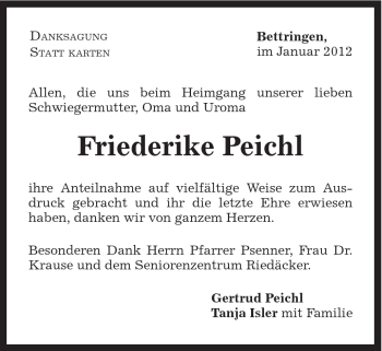 Traueranzeige von Friederike Peichl von Gmünder Tagespost