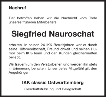 Traueranzeige von Siegfried Nauroschat von Schwäbische Post