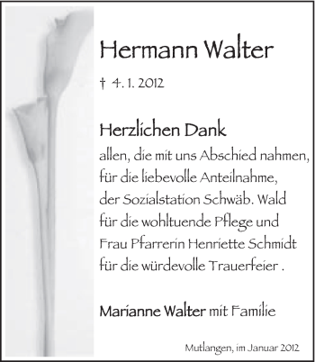 Traueranzeige von Hermann Walter von Gmünder Tagespost