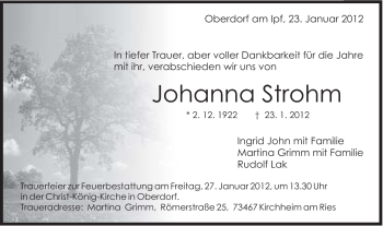 Traueranzeige von Johanna Strohm von Schwäbische Post