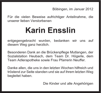 Traueranzeige von Karin Ensslin von Gmünder Tagespost