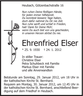 Traueranzeige von Ehrenfried Elser von Gmünder Tagespost