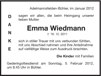 Traueranzeige von Emma Wiedmann von Schwäbische Post