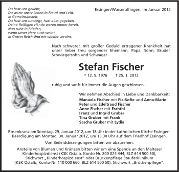 Traueranzeige von Fischer Stefan von Schwäbische Post