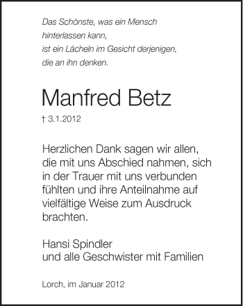Traueranzeige von Manfred Betz von Gmünder Tagespost