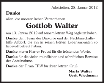 Traueranzeige von Gottlob Walter von Gmünder Tagespost