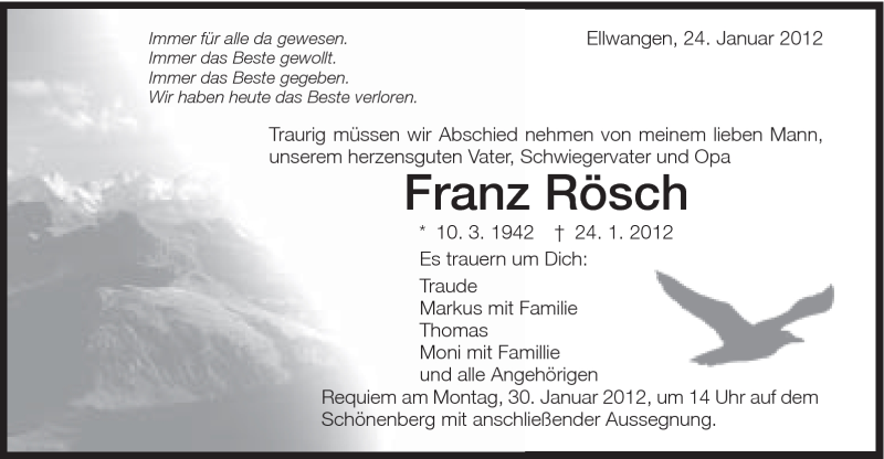 Traueranzeige für Franz Rösch vom 27.01.2012 aus Schwäbische Post