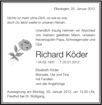 Traueranzeige von Richard Köder von Schwäbische Post