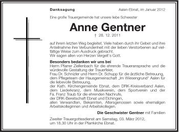 Traueranzeige von Anne Gentner von Schwäbische Post