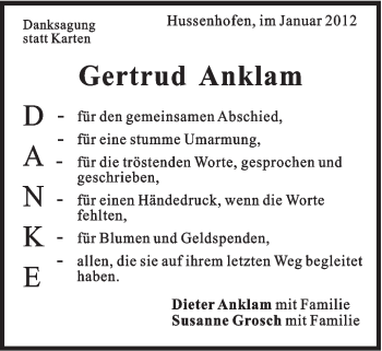 Traueranzeige von Gertrud Anklam von Gmünder Tagespost