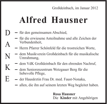 Traueranzeige von Alfred Hausner von Gmünder Tagespost