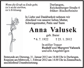 Traueranzeige von Anna Valusek von Gmünder Tagespost