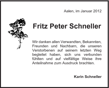 Traueranzeige von Fritz Peter Schnelelr von Schwäbische Post