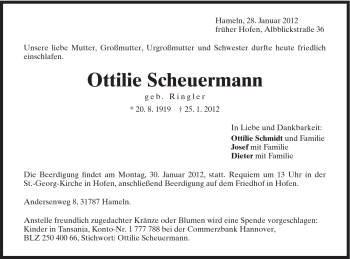 Traueranzeige von Ottilie Scheuermann von Schwäbische Post