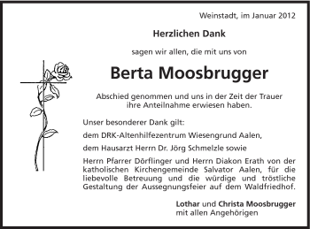 Traueranzeige von Moosbrugger Berta von Schwäbische Post