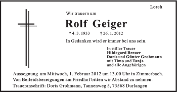 Traueranzeige von Rolf Geiger von Gmünder Tagespost