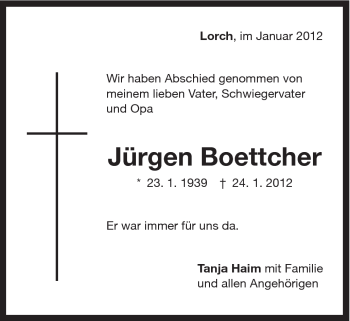 Traueranzeige von Jürgen Boettcher von Gmünder Tagespost