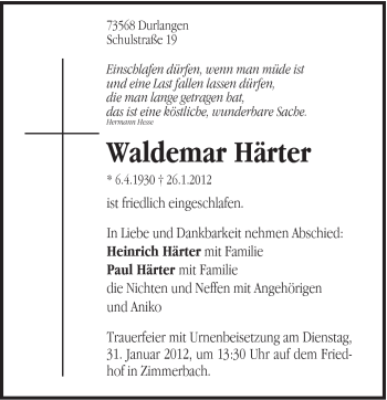 Traueranzeige von Waldemar Härter von Gmünder Tagespost