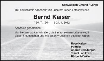 Traueranzeige von Bernd Kaiser von Gmünder Tagespost