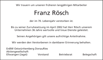 Traueranzeige von Franz Rösch von Schwäbische Post
