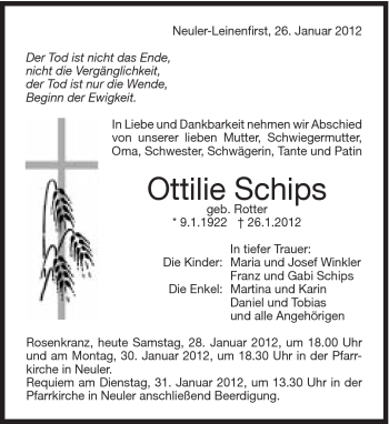 Traueranzeige von Ottilie Schips von Schwäbische Post