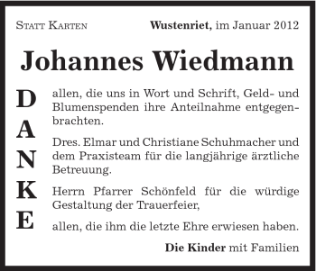 Traueranzeige von Johannes Wiedmann von Gmünder Tagespost