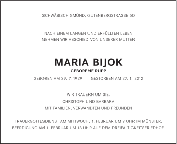 Traueranzeige von Maria Bijok von Gmünder Tagespost