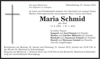 Traueranzeige von Maria Schmid von Schwäbische Post