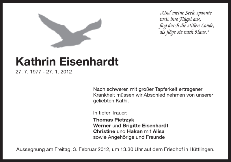  Traueranzeige für Kathrin Eisenhardt vom 31.01.2012 aus Schwäbische Post