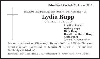 Traueranzeige von Lydia Rupp von Gmünder Tagespost