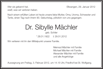 Traueranzeige von Sibylle Mächler von Schwäbische Post
