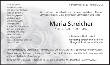 Traueranzeige von Maria Streicher von Schwäbische Post