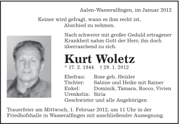 Traueranzeige von Kurt Woletz von Schwäbische Post
