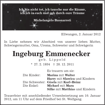 Traueranzeige von Ingeburg Emmendecker von Schwäbische Post