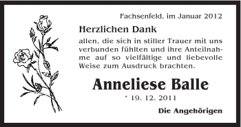 Traueranzeige von Anneliese Balle von Schwäbische Post