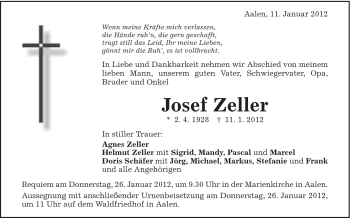 Traueranzeige von Josef Zeller von Schwäbische Post