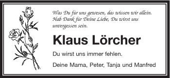 Traueranzeige von Klaus Lörcher von Schwäbische Post
